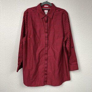 Chicos Button Front Tunic Shirt Long Sleeve Red Black Stripe Wrinkle Resistant 3